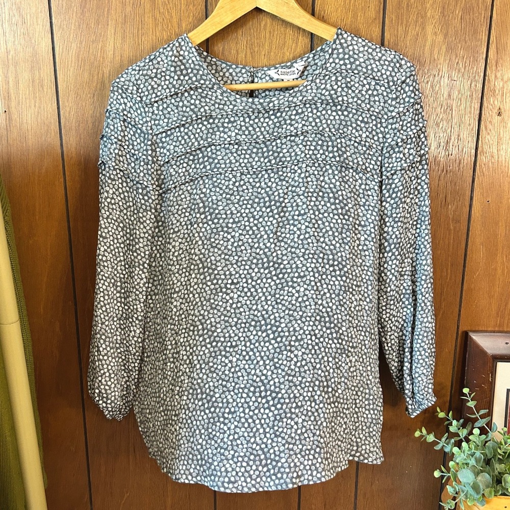 Nanette Lepore Womens Blouse Top Medium M‎ Gray White Polka Dot Pleated Career